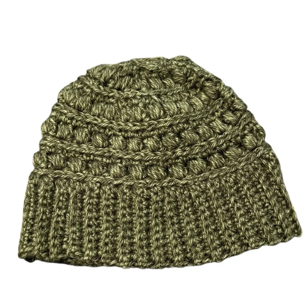 Chunky Crochet Knit Green Beanie Cottagecore Natural